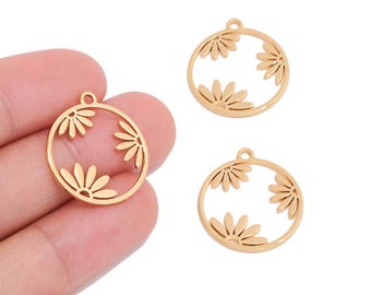 18K Real Gold Plated Brass Daisy Flower Circle Pendant for Jewelry Makers, Floral Round Charm for DIY Earrings & Spring Jewelry