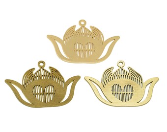 2pcs Raw Brass Water Lily Earring Charm, Stripe Heart Lotus Earring, Hollow Flower Pendant, Gold Earring Findings, Jewelry Supplies BQ2557