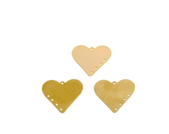 Conectores de corazón cortados con láser, conectores geométricos de corazón de latón en bruto de 5 agujeros, pulidos a mano, chapados en oro real de 18 quilates, 32,9*29,7*0,6 mm