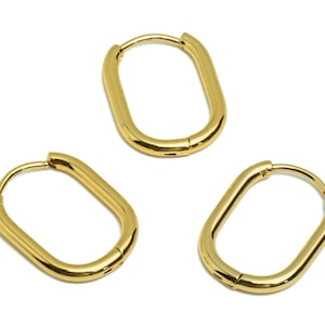 Gold Oval Rectangle Hoop Earring, Stainless Steel 316 Stud Earring, Steel Ear Hoops, Huggie Hoop Earring, Gold Tone Plated VK1716