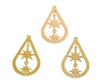Connecteur de boucle d'oreille découpé au laser, connecteur creux double étoile en laiton brut, polissage à la main, plaqué or véritable 18 carats bricolage 39,85*23,63*0,8 mm