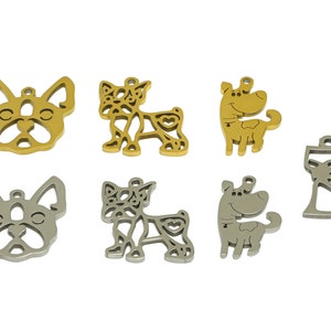 Encanto de cabeza de perro de acero, acero inoxidable, encantos de pendiente de perro de dibujos animados, encanto de pendiente de mascota de acero, colgante de acero animal, chapado en tono dorado