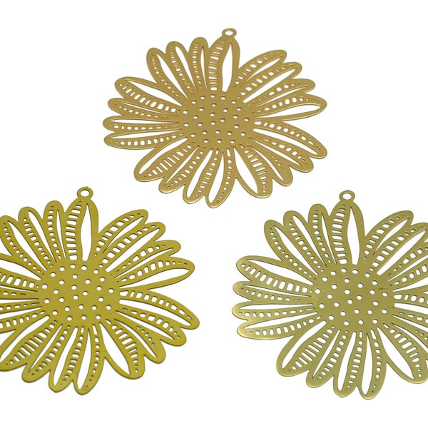 Daisy Dots Lasercut Earring Charms, Raw Brass Sunflower Floral Charm, Handmade Polishing, Spots Flower Cut out Charm, Gold 47.4*42.8*0.27mm