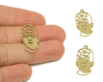 Raw Brass Face Sculpture Potted Plant Charm, Flower Brain Man