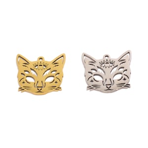 Steel Cat Lasercut Charm, 316 Stainless Steel, Eye Hollow Cat Face Animal Earring Charm, For Necklace, 18K Gold Tone Plated 17.7*16.8*0.98mm
