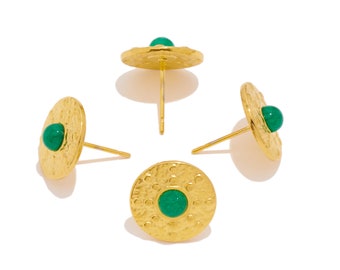 Steel Round Stud Earrings, Textured Circle Natural Stone Earring Posts, Stainless Steel Green Agate Post Earrings, Gold Tone Plated VK2138