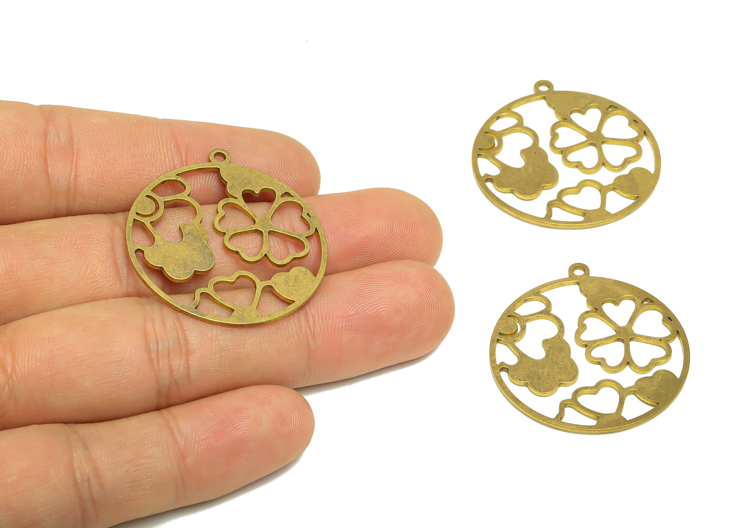 Four Leaf Clover Earring, Round Hollow Heart Laser Cut Charms, Raw