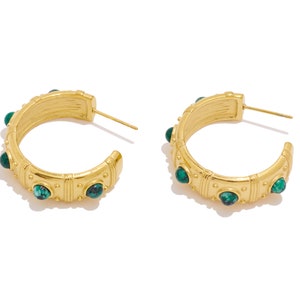 Steel Open C Hoop Stud Earring, Textured Wide Natural Stone Ear Posts, Stainless Steel Green Agate Post Earring, 18K Gold Tone Plated VK1932