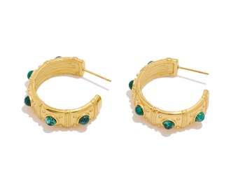 Steel Open C Hoop Stud Earring, Textured Wide Natural Stone Ear Posts, Stainless Steel Green Agate Post Earring, 18K Gold Tone Plated VK1932