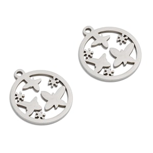 Steel Butterflies Charm, Butterfly in Circle, Hollow Butterfly Charm, Stainless Steel Insect Pendant, For Necklace 17.48*15.3*0.94mm BSX2039