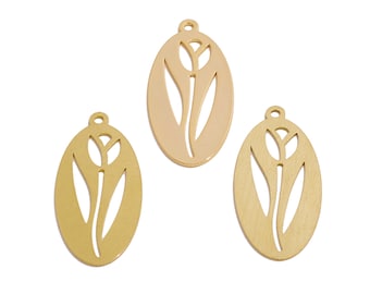 Tulpan laserskuren örhängesberlock, oval blomma botaniskt geometriskt hänge i rå mässing, handgjord polering, 18K äkta guldplätering DIY 30*13,8*0,6 mm