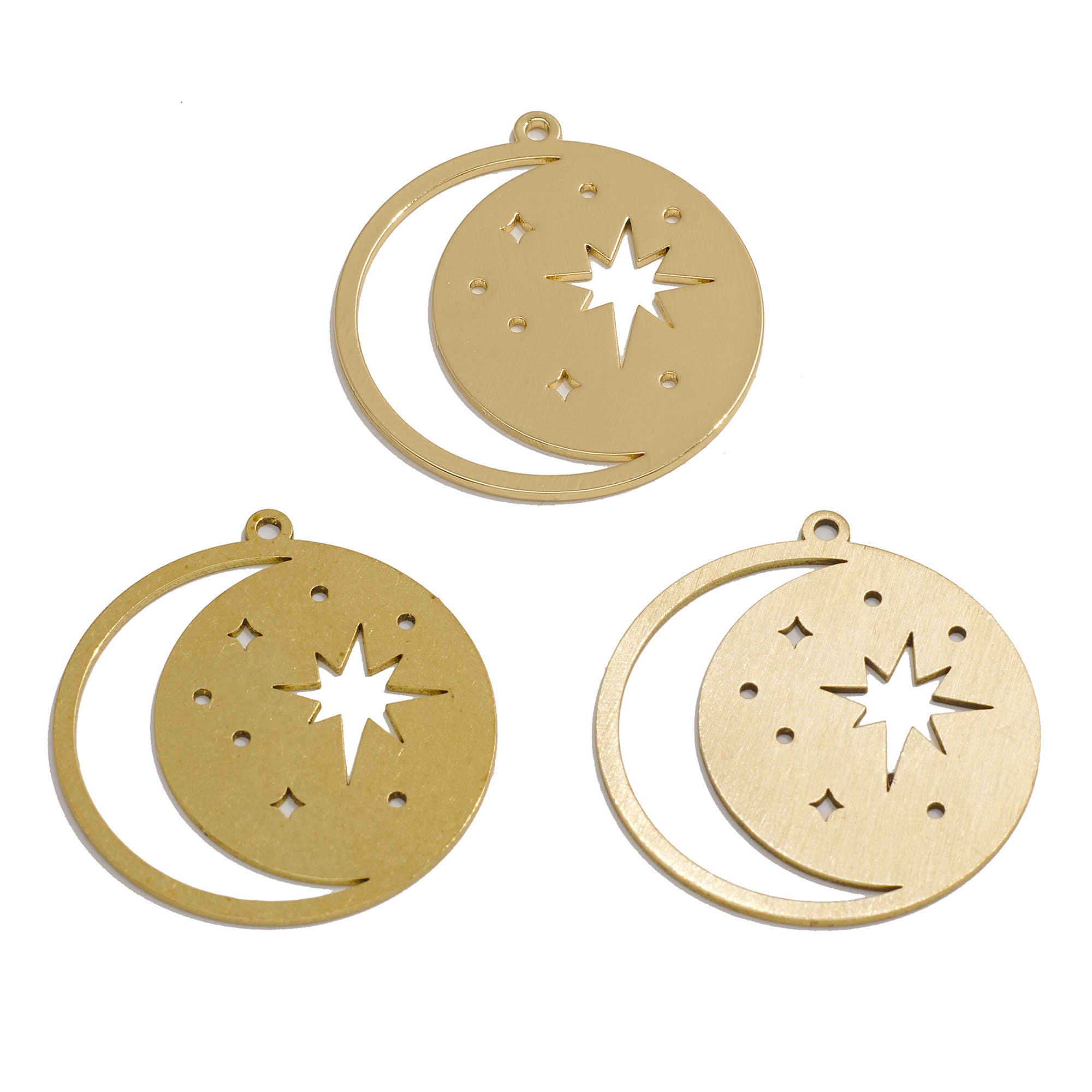 18K Gold Celestial Earring Charm, Round Crescent Stars Charm, Bubble North Star Necklace Pendant, Raw Brass Earring Findings VW669