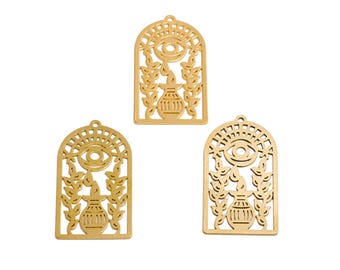 Domed Laser Cut Charms, Brass Hollow Pendant, Raw Brass Third Eye Jewelry Charms, Handmade Polishing, 18K Real Gold , DIY Craft 38*21*0.7mm
