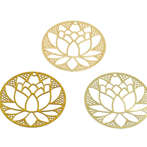 2pcs Raw Brass Lotus Earring Charms, Round Water Lily Earring, Hollow Flower Mesh Charm, Gold Earring Finding, Jewelry Supplies FB7275