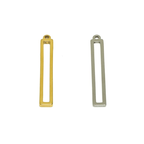 Rectangle Laser Cut Earring Charms, 201 Stainless Steel, Long Rectangle Rings, Pendant With Loop, Gold Tone Plating, For Necklace