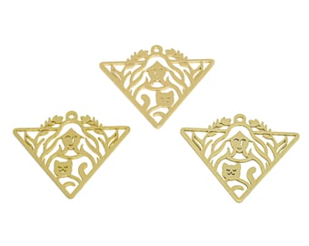 2 breloques triangles en laiton brut, boucle d'oreille fille tenant une branche de chat, breloque fille branche plaqué or véritable 18 carats, accessoires de boucle d'oreille VW705