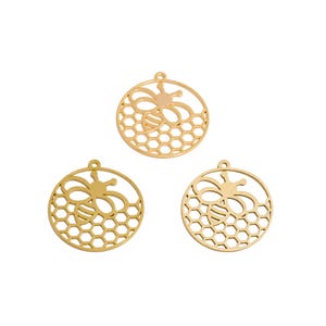 Ciondolo rotondo a forma di ape tagliato al laser, ciondolo astratto a forma di ape in ottone grezzo, lucidatura artigianale, placcatura in oro 18 carati, creazione di gioielli 31,9*29*0,8 mm