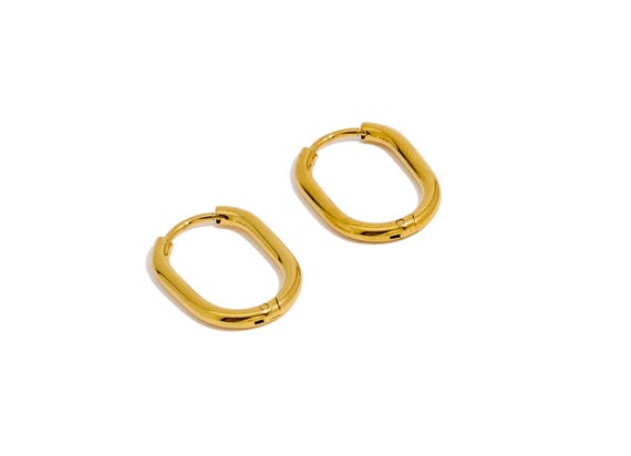 Gold Oval Rectangle Hoop Earring, Stainless Steel 316 StudEarring, Steel Ear Hoops, Huggie Hoop Earring, Gold TonePlated VK1716