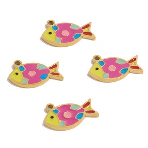 Steel Fish Charms, 316 Stainless Steel, Enamel Colorful Marine Animal Lasercut Charms, Stainless Steel Fish Pendant, Gold Tone Plated VK1818
