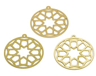 Circle Star Balls Laser Cut Charm, Gold Flat Round Earring, Handmade Polishing, Raw Brass Cutout Charm, 18K Real Gold 31.7*29.26*0.7mm