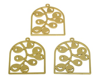 May include: Three gold metal charms in the shape of an arched window with a stylised floral design inside.