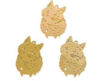Cat Lasercut Earring Charms, Raw Brass Star Hollow Cat Animal Pendant, Handmade Polishing, 18K Real Gold Plated, Gold Jewelry 36.61*21*0.7mm