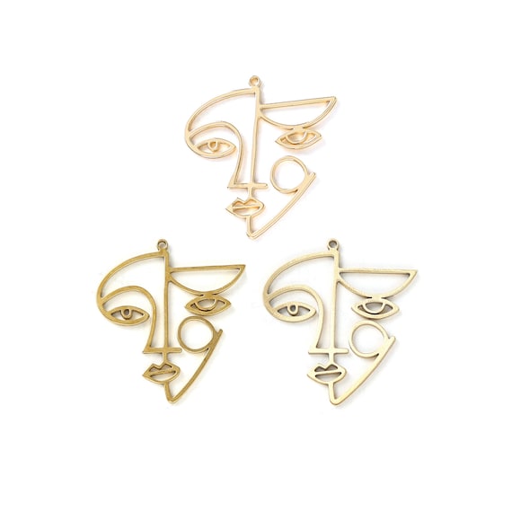 Abstract Woman Face, Artistic Portrait Lasercut Earring, Raw Brass Hollow Face Charm, Handmade Polishing, 18K Real Gold 32.51*29.67*1.26mm