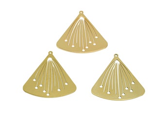 May include: Three gold metal triangle-shaped charms with a fan-like design and cut-out circles.