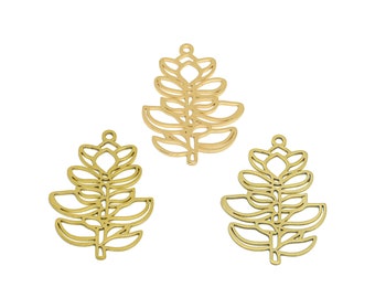 Branch Lasercut Earring Charms, Raw Brass Flower Leaves Pendant, Handmade Polishing, 18K Real Gold, Jewelry Supplies DIY 35.77*24.89*0.76mm