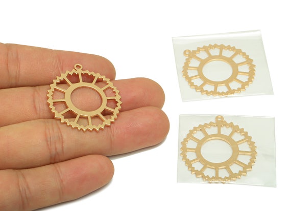 18K Gold Gear Earring Charm, Round Wheel Gear Earring, Raw