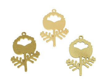 May include: Three gold metal flower charms with a cutout design. The charms are in different finishes, one is polished gold, one is brushed gold, and one is a matte gold.