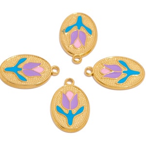 Breloques tulipe en acier, Breloques végétales ovales en émail texturé, Pendentif fleur en acier inoxydable, Pour collier, Plaqué or, Fabrication de bijoux VK2125