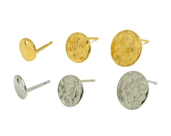 Round Hammered Stud Earrings, Stainless Steel, Hammered Round Stud, Hammered Wave Post With Loop, Gold Tone Plating, DIY Earring Findings
