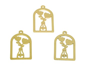 May include: Three gold metal charms in the shape of a vase with two flowers inside. The charms are cut out and have a delicate design.