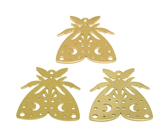 Pingentes de brinco em formato de mariposa cortados a laser, pingentes de mariposa com bolhas crescentes, polimento artesanal, pingentes de antenas em latão bruto, ouro 18K, 29,58*27,53*0,8 mm
