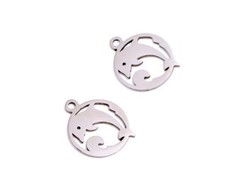 May include: Two silver dolphin charms. Each charm depicts a dolphin leaping over a wave within a circular frame. The charms have a small loop at the top for attaching to jewellery. The background is plain white.
