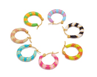 Steel Open Round Hinged Back Earring, Twisted Colorful Enamel Thick Earring Hoop Clasp, Stainless Steel Circle Earrings, Gold Tone Plating
