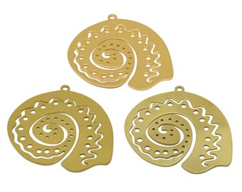 Brinco com pingente de caracol cortado a laser, em latão bruto com ondas vazadas, polido à mão, pingente de caracol com círculo e ponto, ouro 18K, 40,08*38,07*0,7 mm