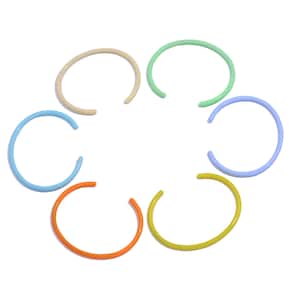 May include: A collection of seven open-ended, semi-circular bracelets in various pastel colors, including beige, light blue, orange, yellow, green, and lavender. The bracelets are arranged in a circular pattern against a white background.