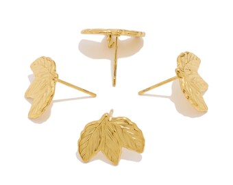 Steel Leaves Earring Connector, Textured Leaf Plant Earring Post, Stainless Steel Leaf Post Earring With Holes, 18K Gold Tone Plated VK1950