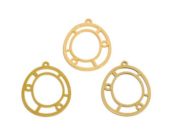 May include: Three gold metal pendant charms with a circular frame and an inner circle. Each charm has three small holes around the outer circle.