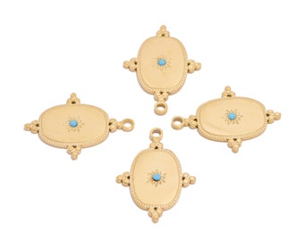 Steel Oval Rectangle Charm, Textured Geometric Charms, Stainless Steel Blue Turquoise Pendant, For Necklace, 18K Gold Tone Plated DIY VK1898