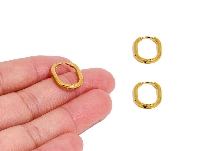 Gold Oval Rectangle Hoop Earring, Stainless Steel 316 StudEarring, Steel Ear Hoops, Huggie Hoop Earring, Gold TonePlated VK1716 image 4