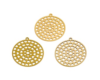 Round Lasercut Earring Charms, Raw Brass Love Heart Hollow Bubbles Pendant, Handmade Polishing, 18K Real Gold Plated DIY 27.86*25.66*0.66mm
