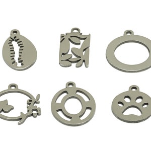 Puede incluir: Seis dijes de metal plateado con diferentes diseños. Los dijes incluyen una concha, un patrón de hojas, un círculo, un círculo con una flor y una rama, un salvavidas y una huella de pata.