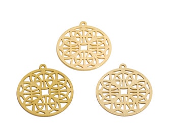 Round Lasercut Earring Charms, Raw Brass Hollow Flower Geometric Pendant, Handmade Polishing, 18K Real Gold Plated, Jewelry 31.9*29*0.78mm