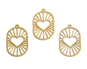 Oval Rectangle Lasercut Earring Charm, Raw Brass Heart Shine Light Geometric Pendant, Handmade Polishing, 18K Real Gold DIY 30*17.3*0.7mm