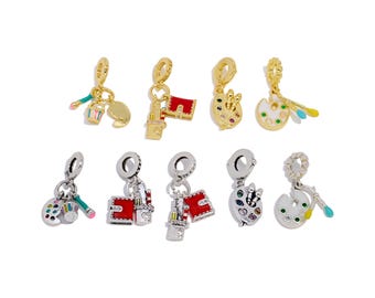 Brass Enamel Paint Charm, Art and Creativity  Dangle Pendant, Fashion Paint Palette, Brush, Charms for Bracelet,DIY Craft Jewelry Making