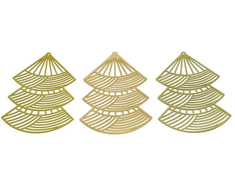 May include: Three gold-colored metal earrings in the shape of a stylized tree with a fan-like design. Each earring has three tiers of overlapping fan shapes.