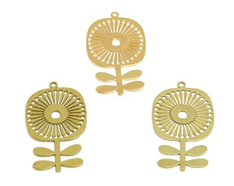 2pcs Raw Brass Flower Earring Charm, Round Square Flower Earring, Cartoon Floral Pendant, Kid Charms, Gold Plant Leaf Earring BW4508